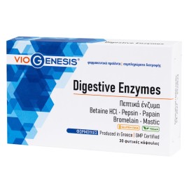 Viogenesis Digestive Enzymes Φόρμουλα Πεπτικών Ενζύμων με Βεταΐνη Πεψίνη Παπαΐνη Βρομελίνη & Μαστίχα 30 caps