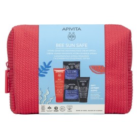 Apivita Promo Bee Sun Safe Καταπραϋντική Κρέμα Προσώπου Για Ευαίσθητες Επιδερμίδες SPF50  50ml & Δώρο Sea Lavender Face Mask 2x8ml & Black Detox Cleansing Jelly 50ml σε Κοραλλί Καλοκαιρινό Τσαντάκι